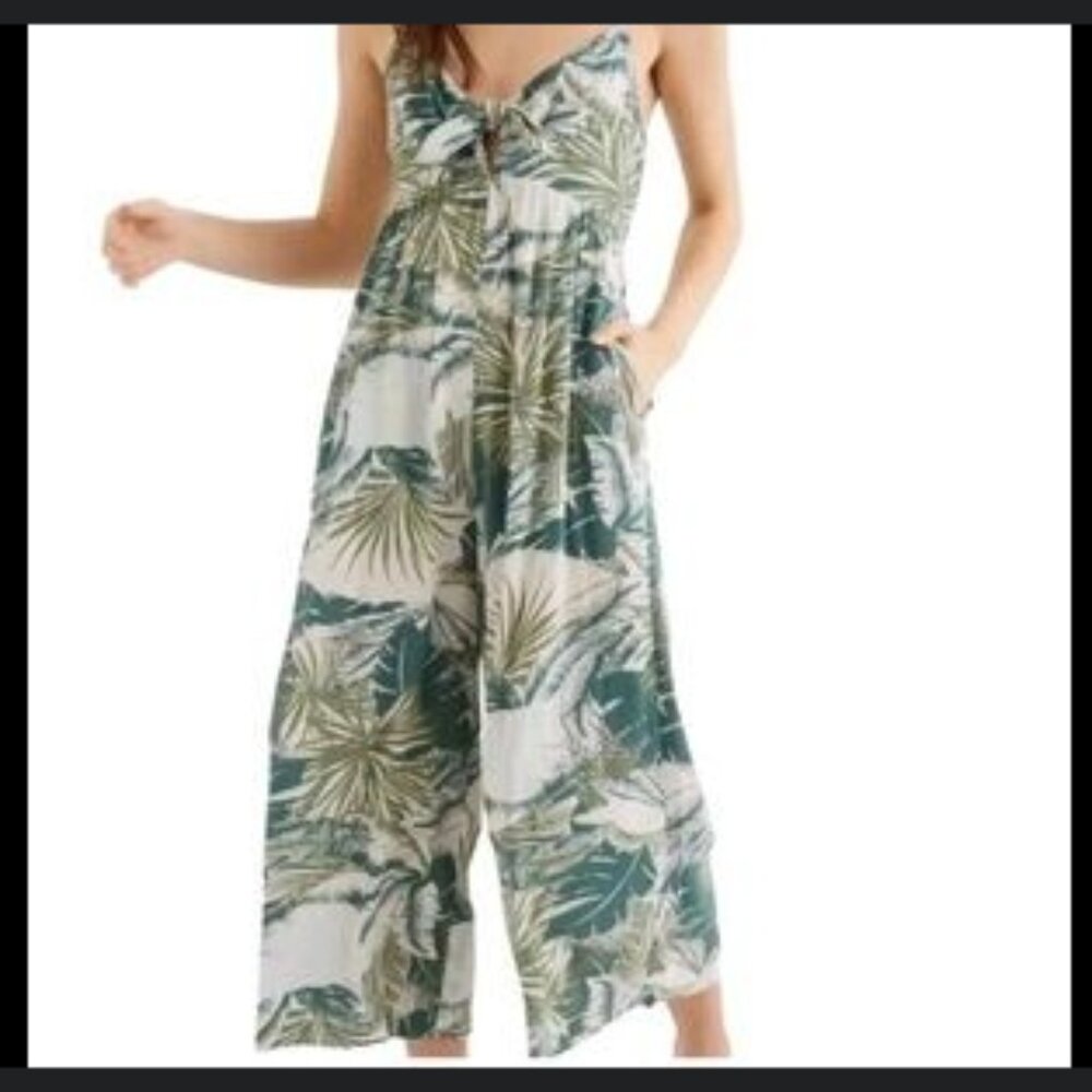 aerie Green and White Tropical Print Jumpsuit